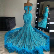 Glitter Blue Sexy Sheer Top Sparkly Sequin Feathers Prom Dress
