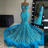 Glitter Blue Sexy Sheer Top Sparkly Sequin Feathers Prom Dress