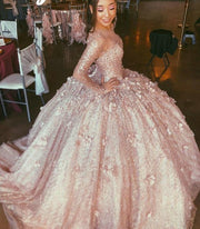 Brilliant Light Blue Quinceanera Dresses O-Neck Long Sleeve Lace Sequined Flowers Sweet 15 Ball Gown Party Princess