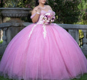 Pearls Tulle Off The Shoulder Princess Dresses For Quinceanera Ball Gown Vestido De 15 Anos Pink Sweet 16 Dresses Gala