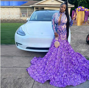 Long Sleeve V-neck Sparkly Lavender  Sequined Mermaid Prom Dress