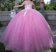 Pearls Tulle Off The Shoulder Princess Dresses For Quinceanera Ball Gown Vestido De 15 Anos Pink Sweet 16 Dresses Gala