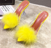 Eilyken Summer Woman Pumps PVC Transparent Feather Perspex Crystal High Heels Fur Peep Toe Mules Slippers Ladies Slides Shoes